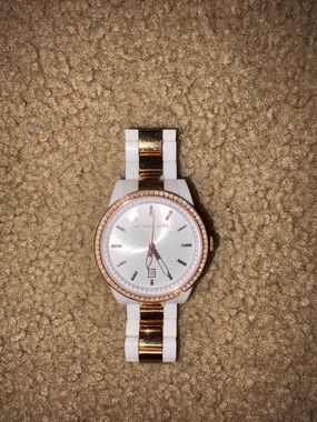 Michael Kors White and Rose Gold Tone Crystal-Accent Watch